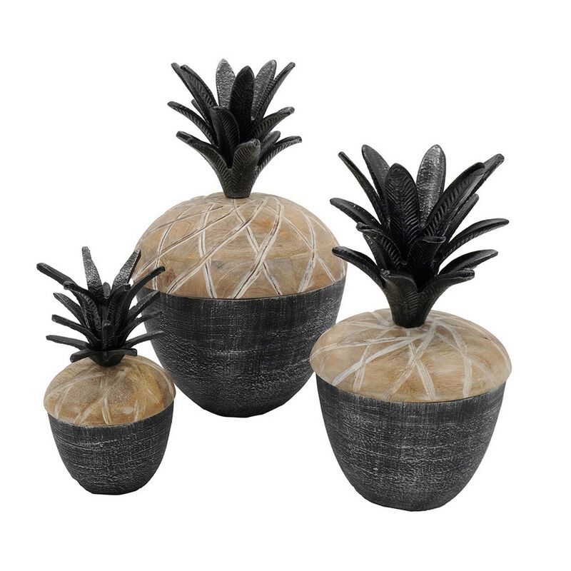 14, 12, 11 Inch Lidded Jar, Pineapple Design, Gray Mango Wood, Set of 3-Benzara