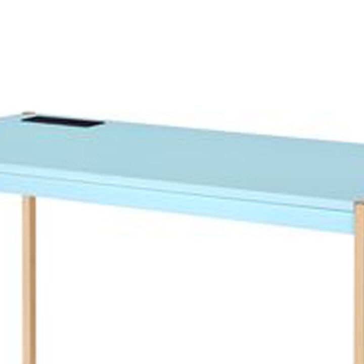 Writing Desk with USB Dock and Metal Legs, Sky Blue and Gold-Benzara