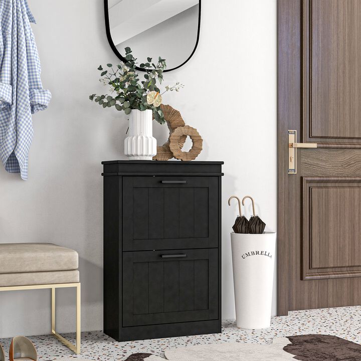 Black Shoe Cabinet: 2 Flip Drawers, 10-Pair Capacity