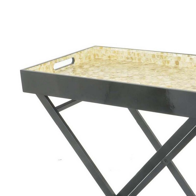 Dain 28 Inch Serving Tray Table, Foldable, Black Metal Stand, Multicolor - Benzara