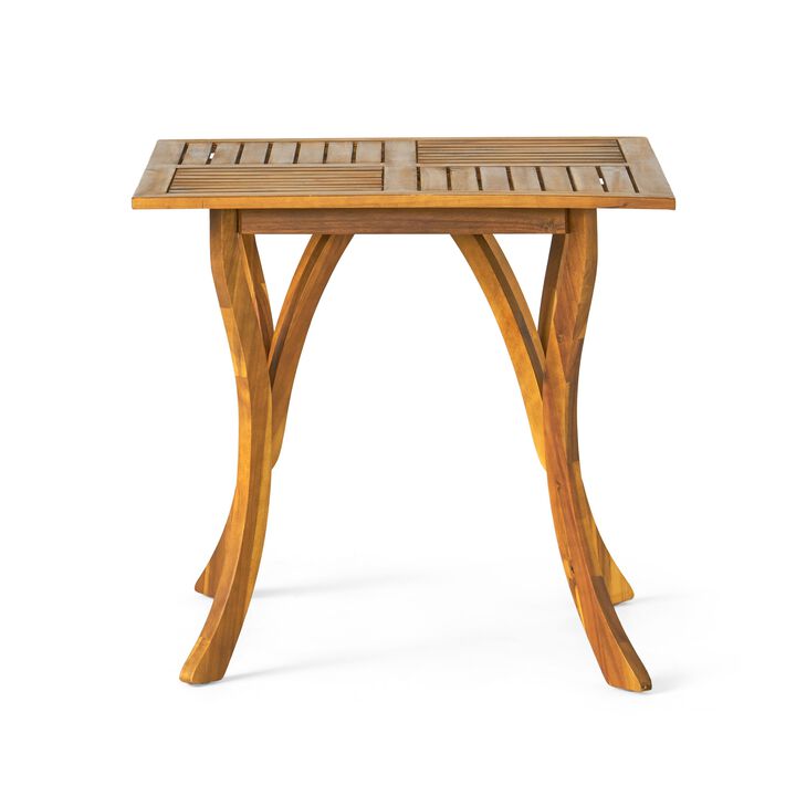Olen Outdoor Dining Table, Slatted Square 32 Inch, Brown Acacia Wood - Benzara