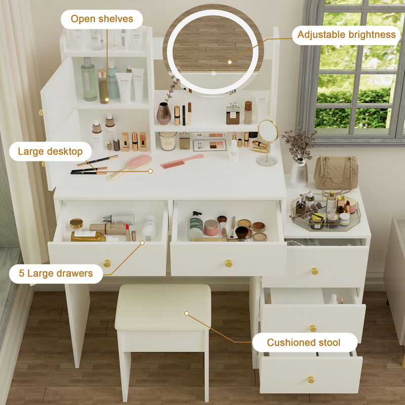 Vanity Desk with Mirror & Lights, 3-Color Adjustable Brightness, Table with Stool