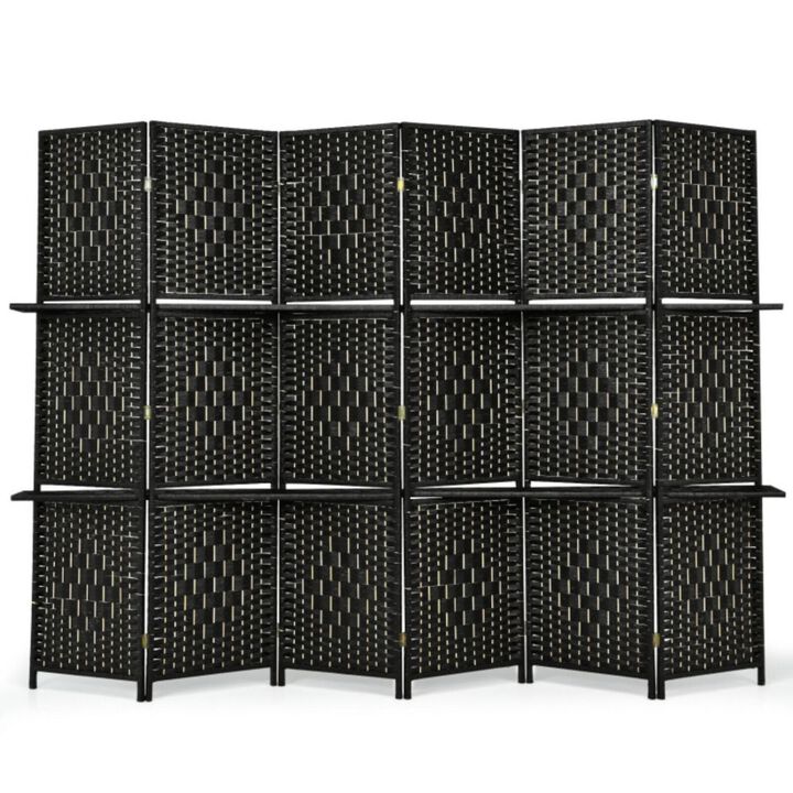 Hivvago 6 Panel Folding Weave Fiber Room Divider with 2 Display Shelves