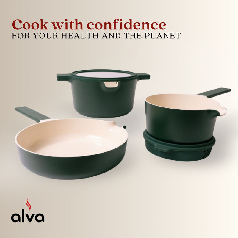 Alva Neat 5-in-1 Ceramic Nonstick Cookware Nesting Set, Recycled Aluminum Non-Toxic PFAS, PFOA & PTFE Free, Frying Pan, Cookware Set Compatible with All Cooktops & Induction Safe, Oven Safe