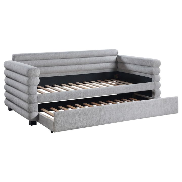 Ricia Twin Daybed with Twin Trundle, Layer Bolster Design, Gray Boucle - Benzara