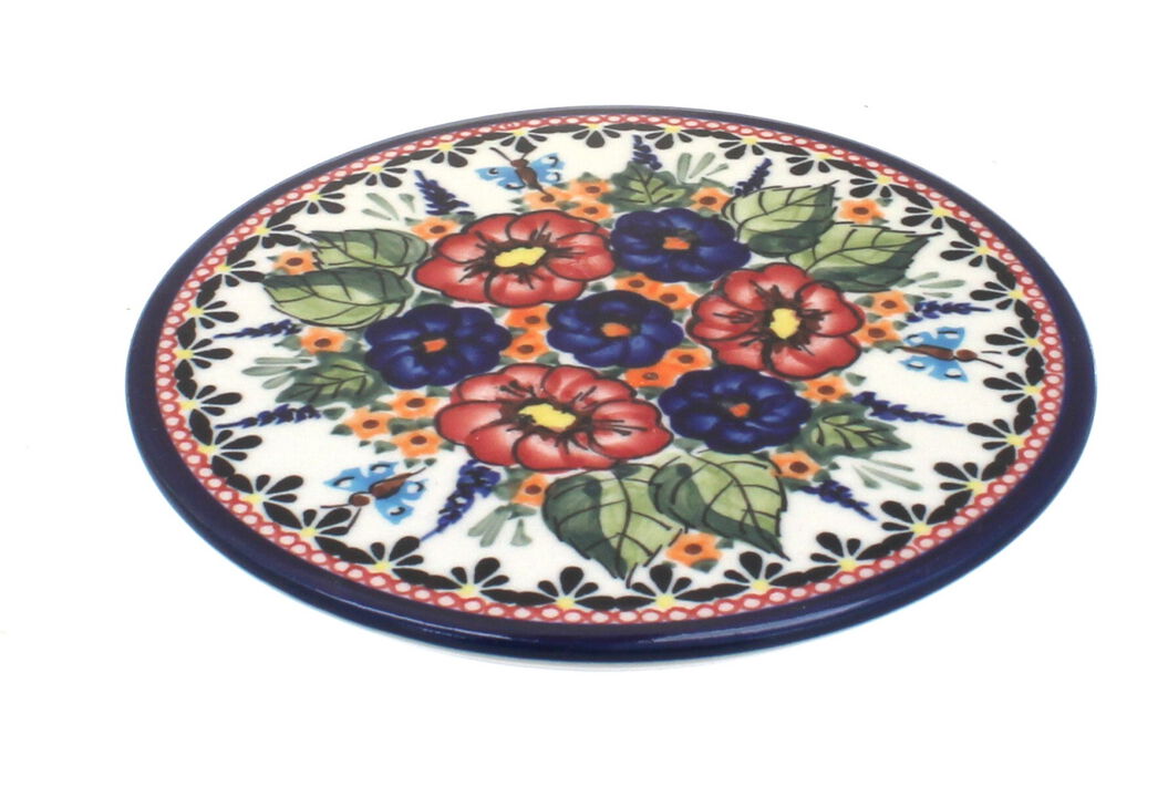 Blue Rose Polish Pottery Mosaic Flower Trivet