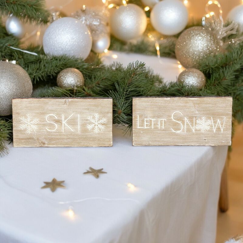 Set of 2 Let It Snow and Ski Plaques – MDF Wall Art for Winter, Ski Resort, and Holiday Home Decor