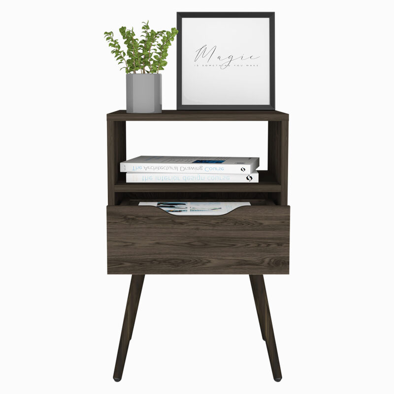 DEPOT E-SHOP Emma Nightstand, Superior Top, Four Legs, One Open Shelf, One Drawer, Dark Walnut