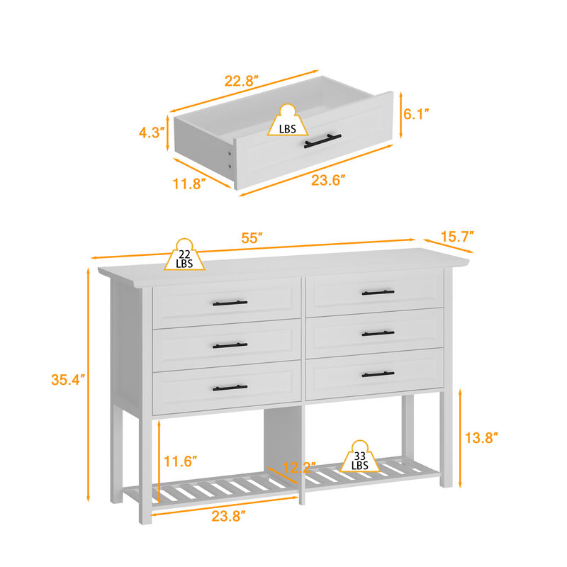 FUFU&GAGA 6-Drawer Storage Cabinet with Open Bamboo Shelf and Elegant Finish (55" W x 35.4" H x 15.7" D),White