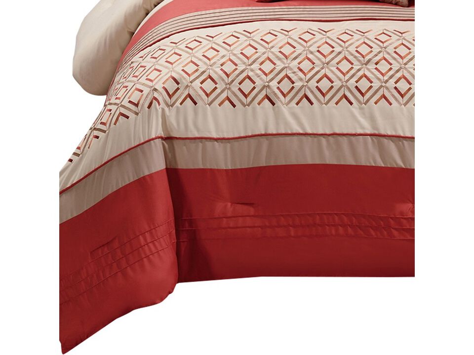 8 Piece King Polyester Comforter Set with Geometric Embroidery, Orange - Benzara