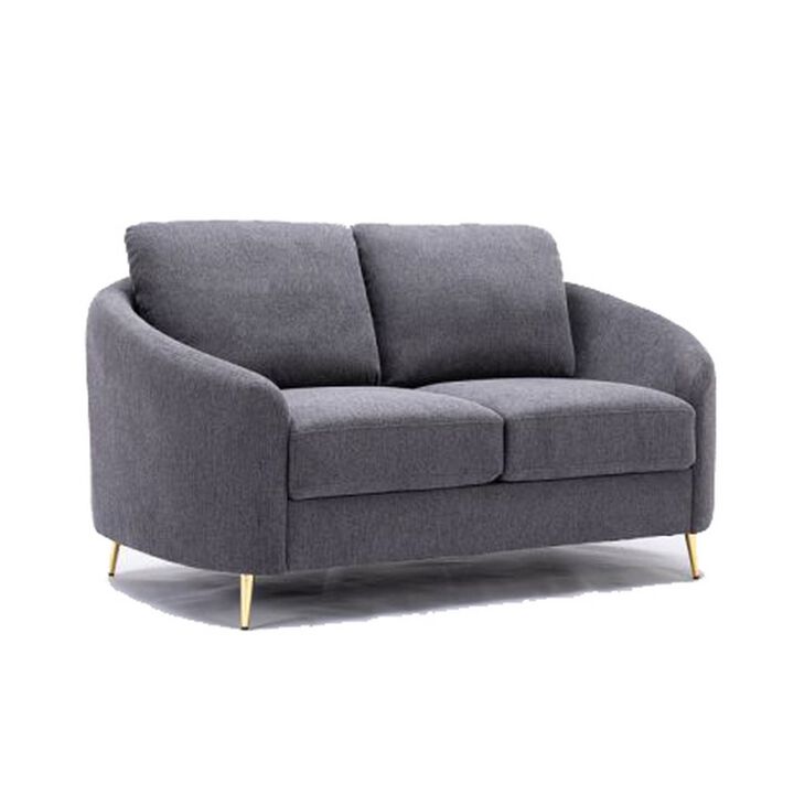 Nial 60 Inch Loveseat, Linen Upholstery, Pine Wood, Smooth Gray, Gold Legs - Benzara