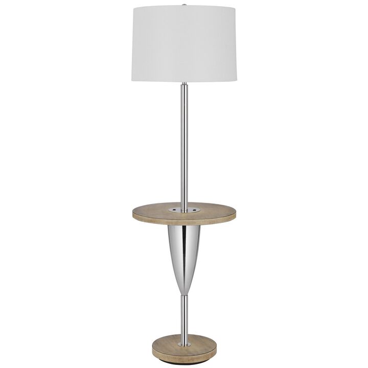 Charlie 61 Inch Modern Floor Lamp, Wood Table, 1 USB, Glossy, White, Brown-Benzara