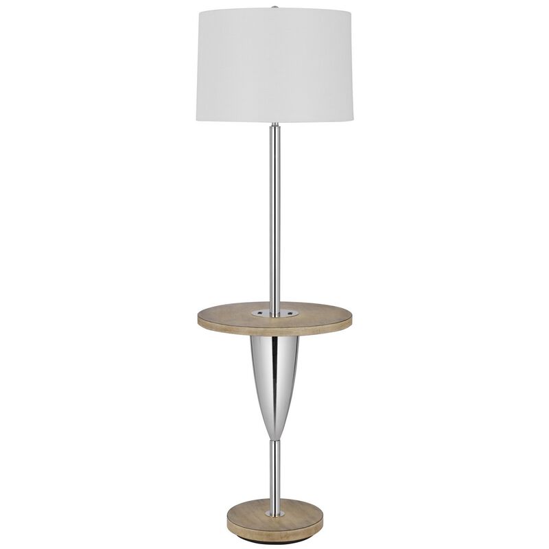 Charlie 61 Inch Modern Floor Lamp, Wood Table, 1 USB, Glossy, White, Brown-Benzara