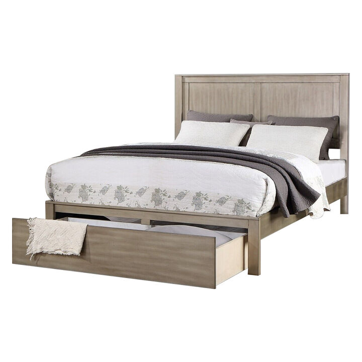 Kali Platform California King Bed, Panel Design, Storage Drawer, Light Tan - Benzara