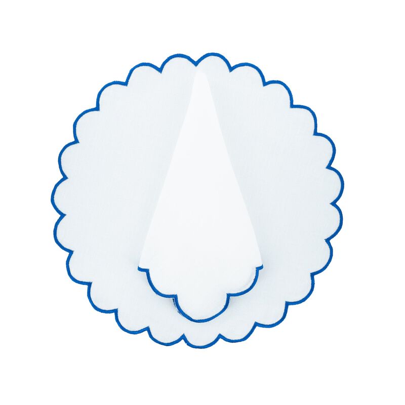Blue Scalloped Linen Napkins, Set of 4
