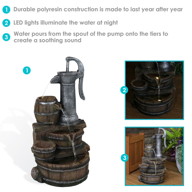 Sunnydaze Cozy Farmhouse Pump/Barrel Water Fountain with LED Lights - 23 in