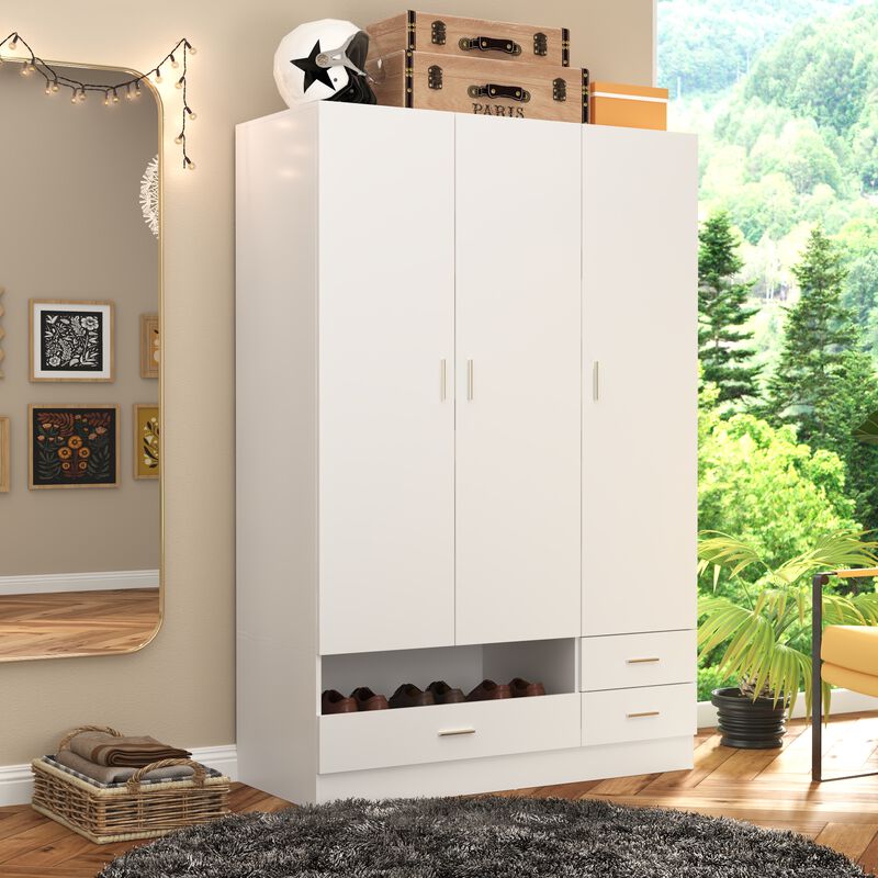 White Wood 47.2 in. W 3-Door Bedroom Armoire Wardrobe Closet Cabinet with Hanging Rod, Drawers, Shoe Rack