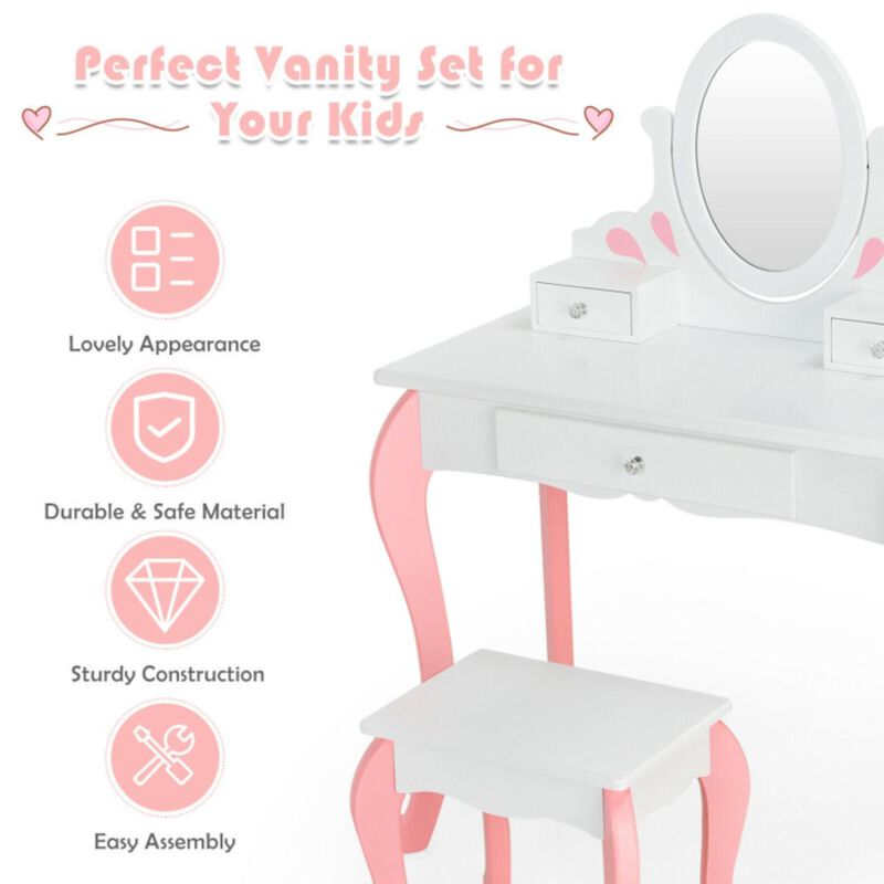Hivvago Kids Vanity Princess Makeup Dressing Table Stool Set with Mirror and Drawer