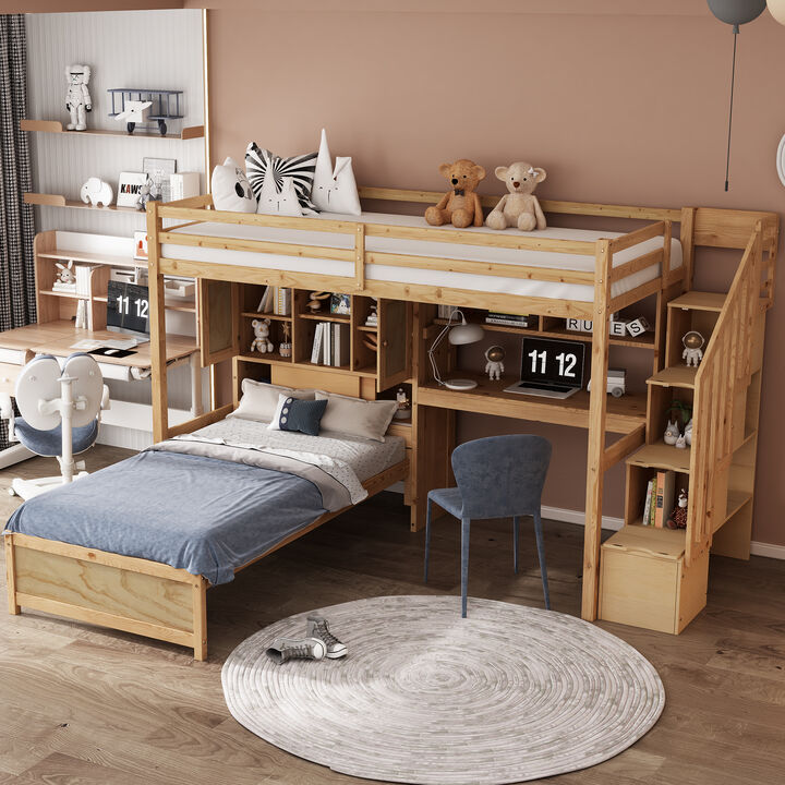 Merax Loft Bed with Built-in Desk and Staircase