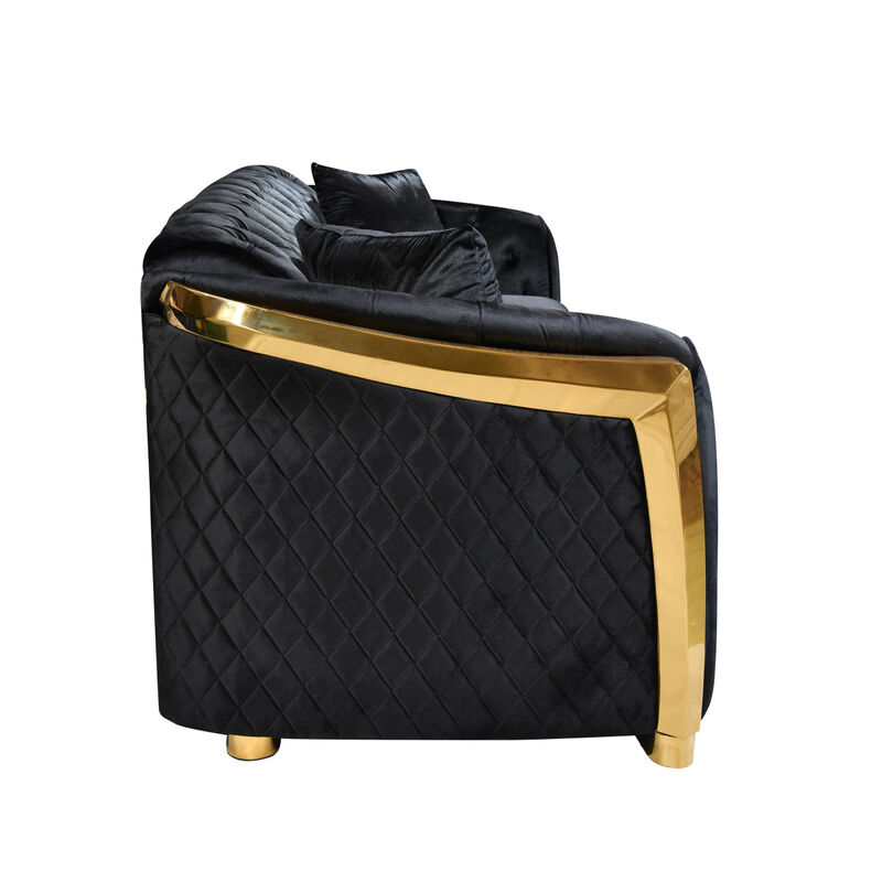 Tufted Velvet Sofa Set, Black with Gold Stainless