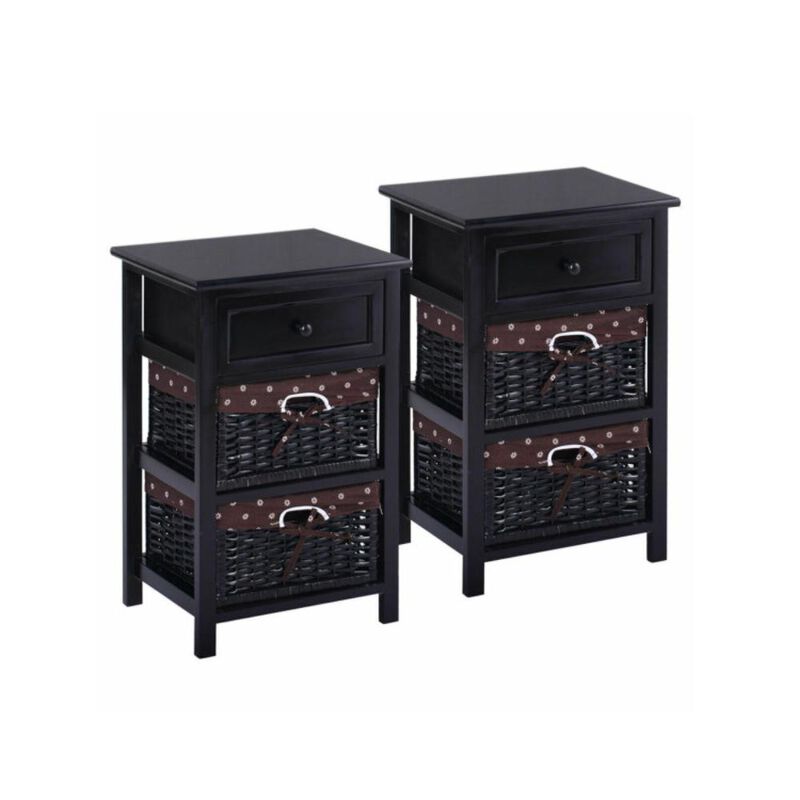 Hivvago 3 Tiers Wooden Storage Nightstand with 2 Baskets and 1 Drawer-black