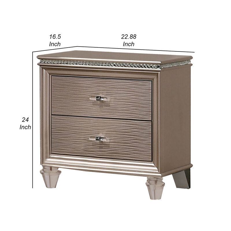 Jisoo 24 Inch Nightstand, 2 Drawers, Textured Drawer Panels, Gold Finish-Benzara