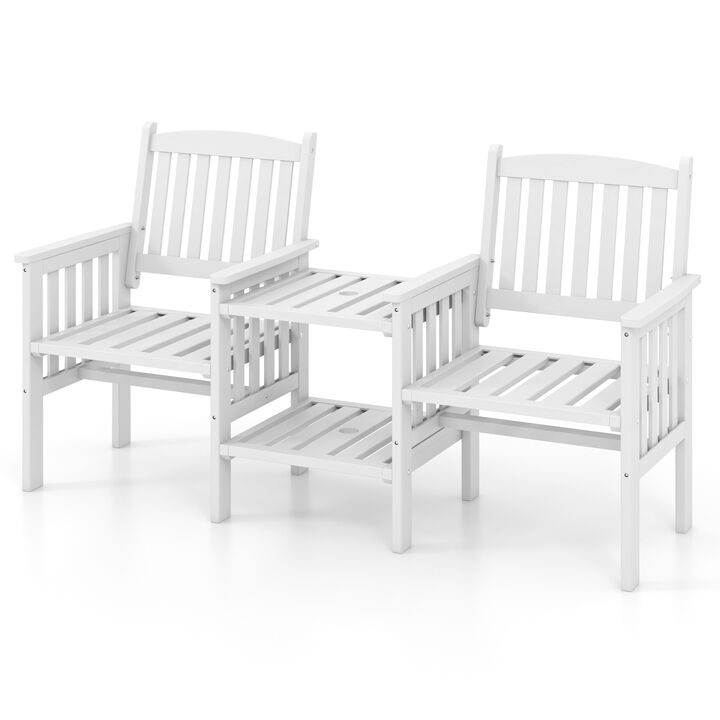 Outdoor Fir Wood Loveseat with 2-Tier Side Table and Umbrella Hole