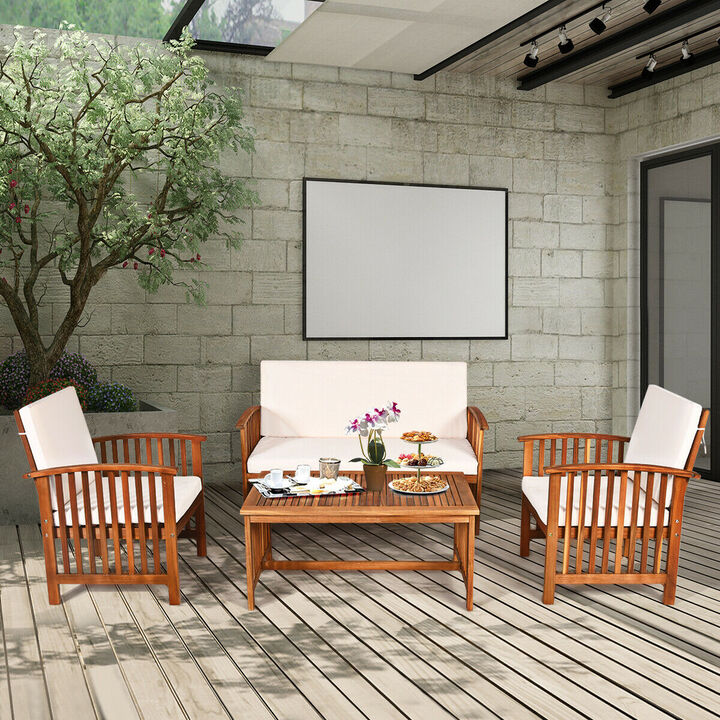 4 Pieces Patio Solid Wood Furniture Set