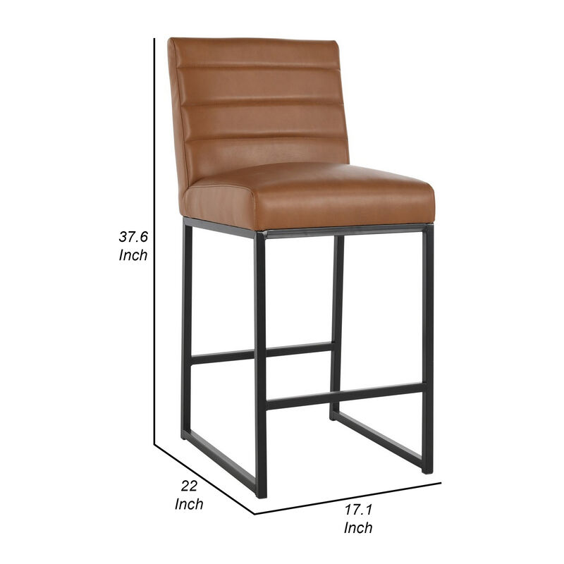 Vinn 26 Inch Modern Counter Stool, Channel Tufted, Brown Vegan Faux Leather - Benzara