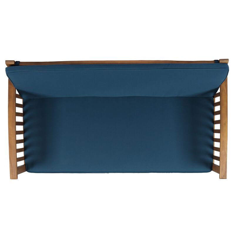 Gerry Outdoor Loveseat, Slat Panel Design, 53 Inch, Blue Cushions - Benzara