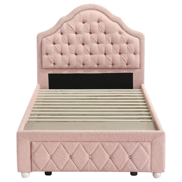 Ashly Twin Platform Bed with Storage, Pink Diamond Button-Tuft Boucle - Benzara