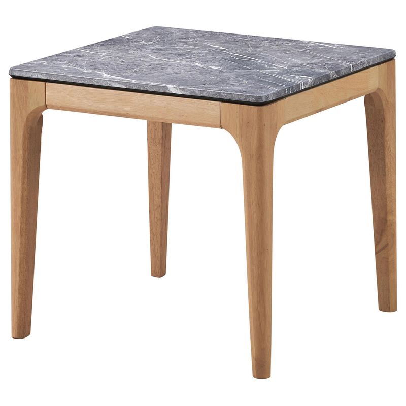 Aris Side End Table, 24 Inch Gray Faux Marble, Square Light Oak Wood - Benzara