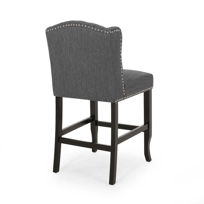 Seliva Counter Stool Chair Set of 2, Charcoal Gray, Tufted Back, Brown Wood - Benzara