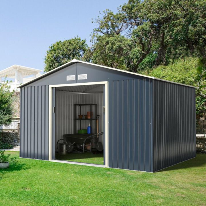 Hivvago 11 x 8 Feet Metal Storage Shed for Garden and Tools with 2 Lockable Sliding Doors