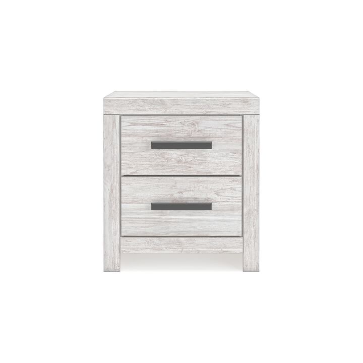 Cany Nightstand, 2 Drawers with Black Handles, Vintage Whitewash - Benzara