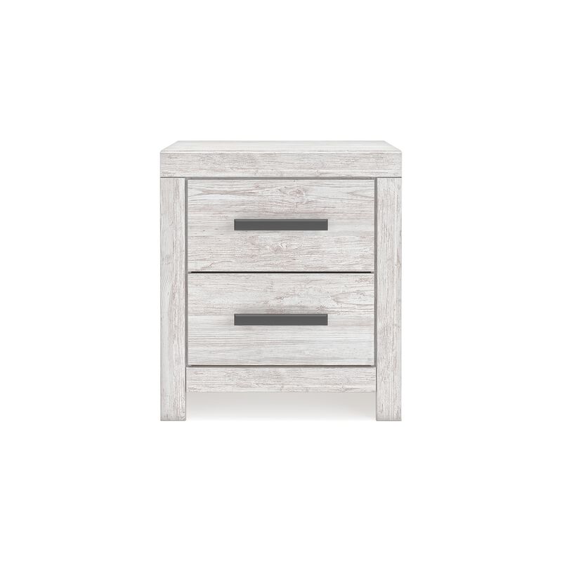 Cany Nightstand, 2 Drawers with Black Handles, Vintage Whitewash - Benzara