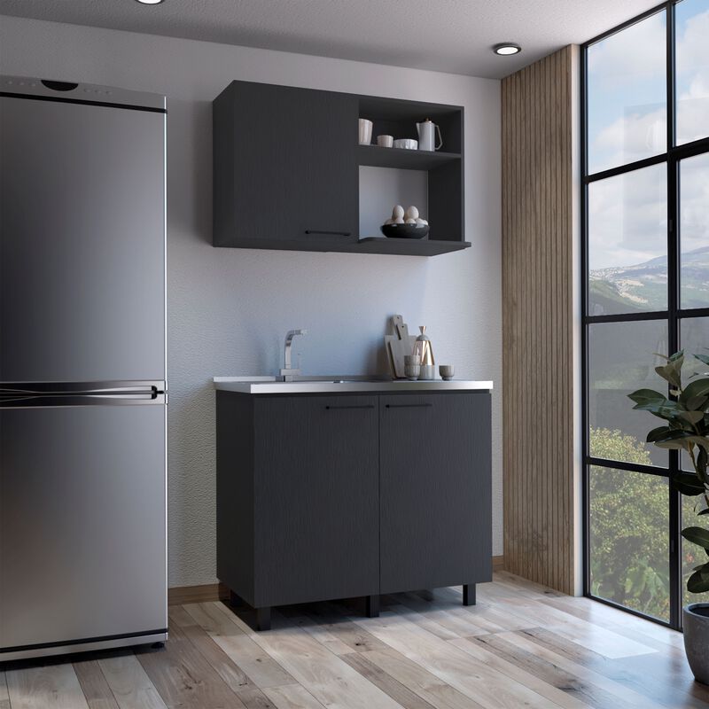Alexandria 2 Piece Kitchen Set, Wall Cabinet + Utility Sink, Black
