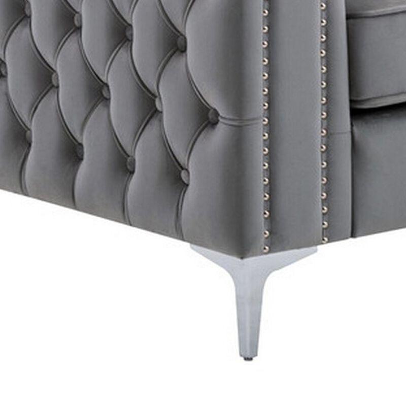 Joni 40 Inch Armchair, Chesterfield Design, Button Tufting, Gray Velvet-Benzara