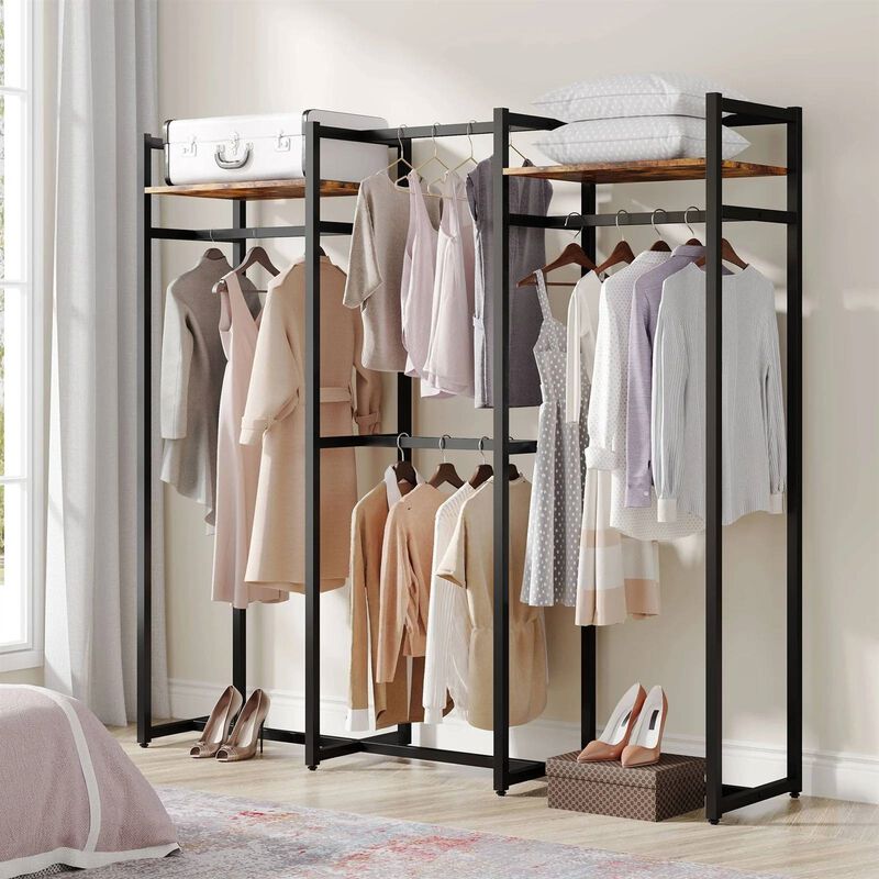 Metal Garment Rack with 4 Rods & 2 Wood Shelves Durable Clothing Storage Organizer