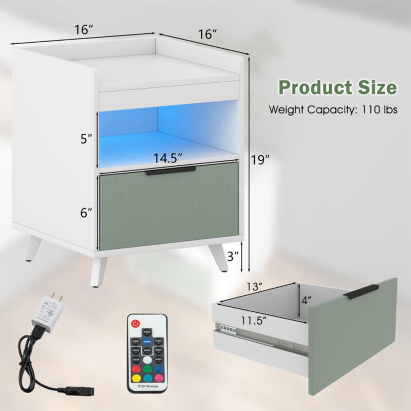 Hivvago Modern Nightstand with LED Lights Sliding Drawer and Open Compartment-White