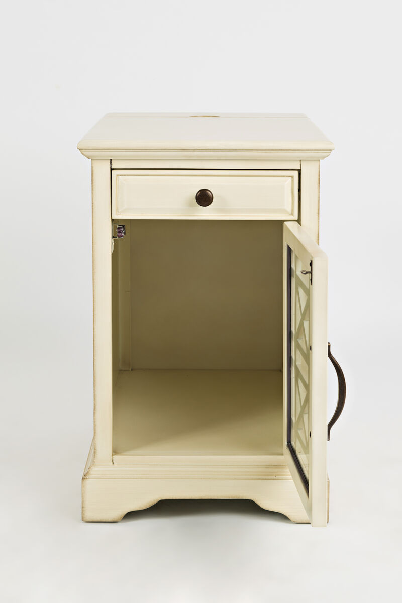 Craftsman USB Charging Station Chairside Wooden End Table Nightstand with Traditional Farmhouse Style with Glass Door and Storage, Antique Cream