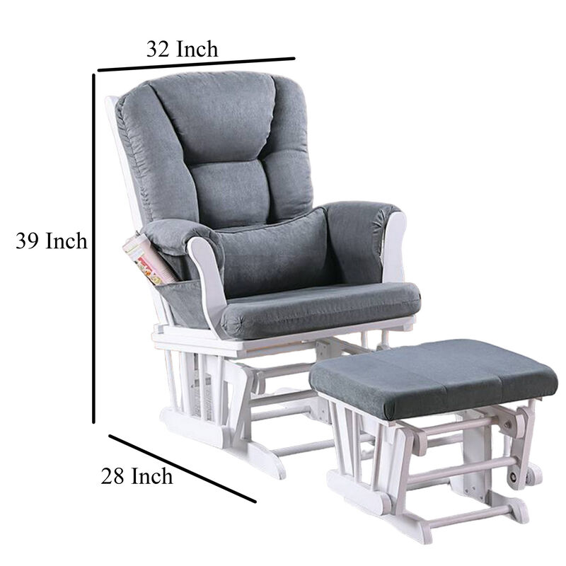 Noni Glider Manual Recliner Chair w Square Ottoman, White Wood, Gray - Benzara