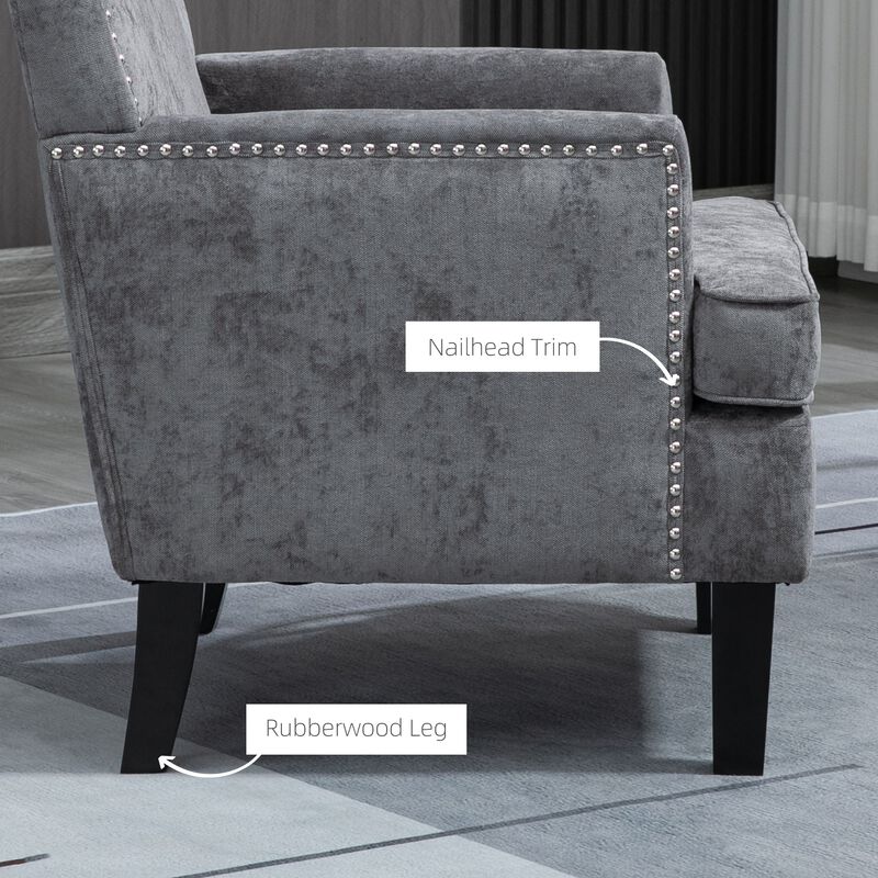 Dark Gray Living Room Accent: Modern Armchair with Wood Legs & Trim