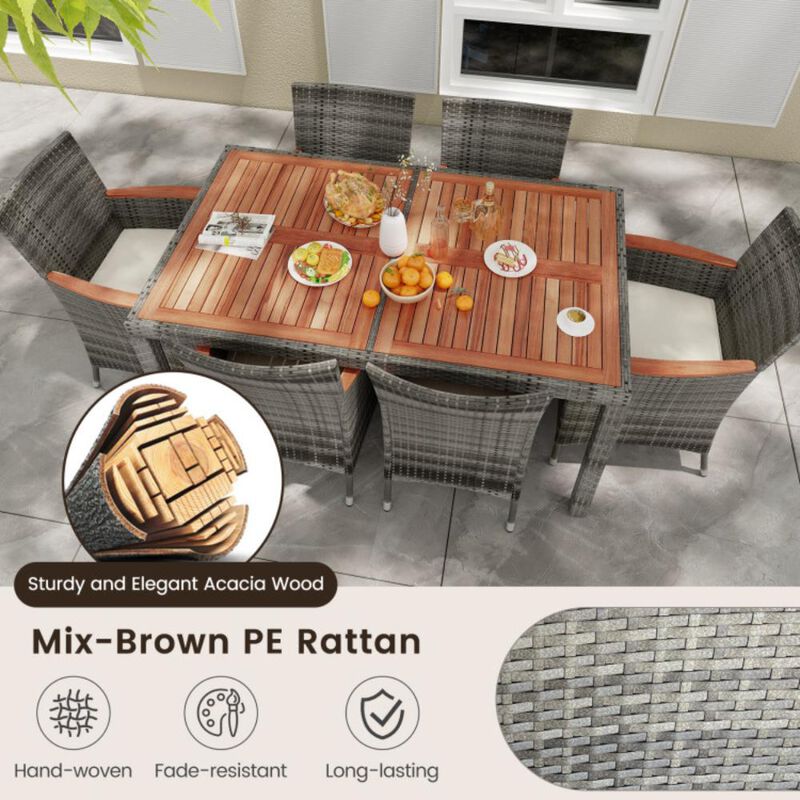 Hivvago 7 Pieces Patio Acacia Wood Cushioned PE Rattan Wicker Dining Set