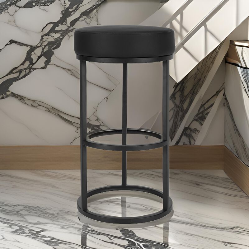 Tane 30 Inch Barstool, Round Black Faux Leather Padded Seat, Black Metal - Benzara
