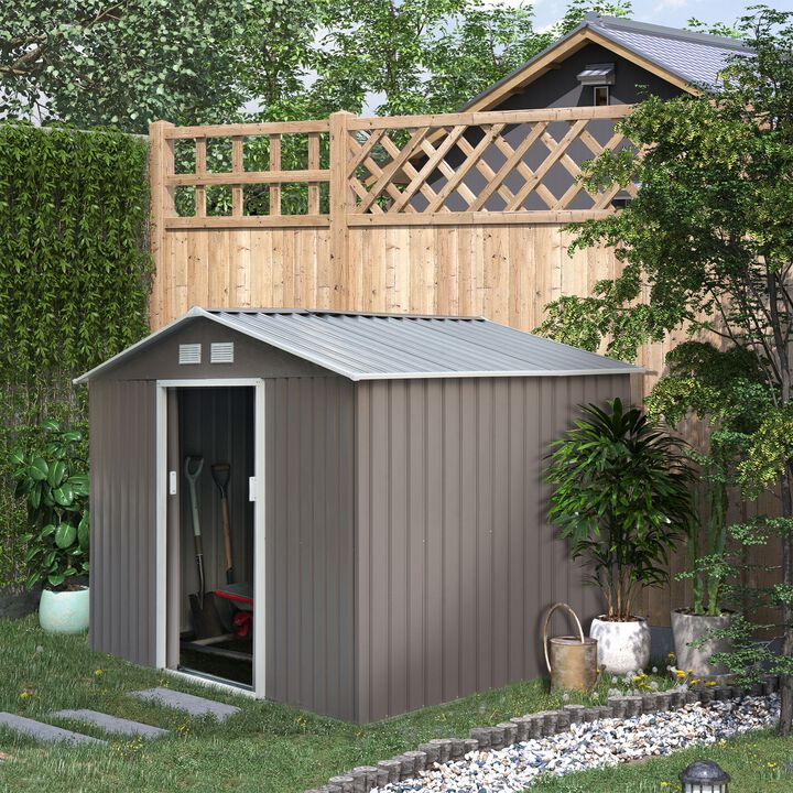 Spacious Tool Haven: 9x6 Grey Metal Storage Shed with Sliding Doors