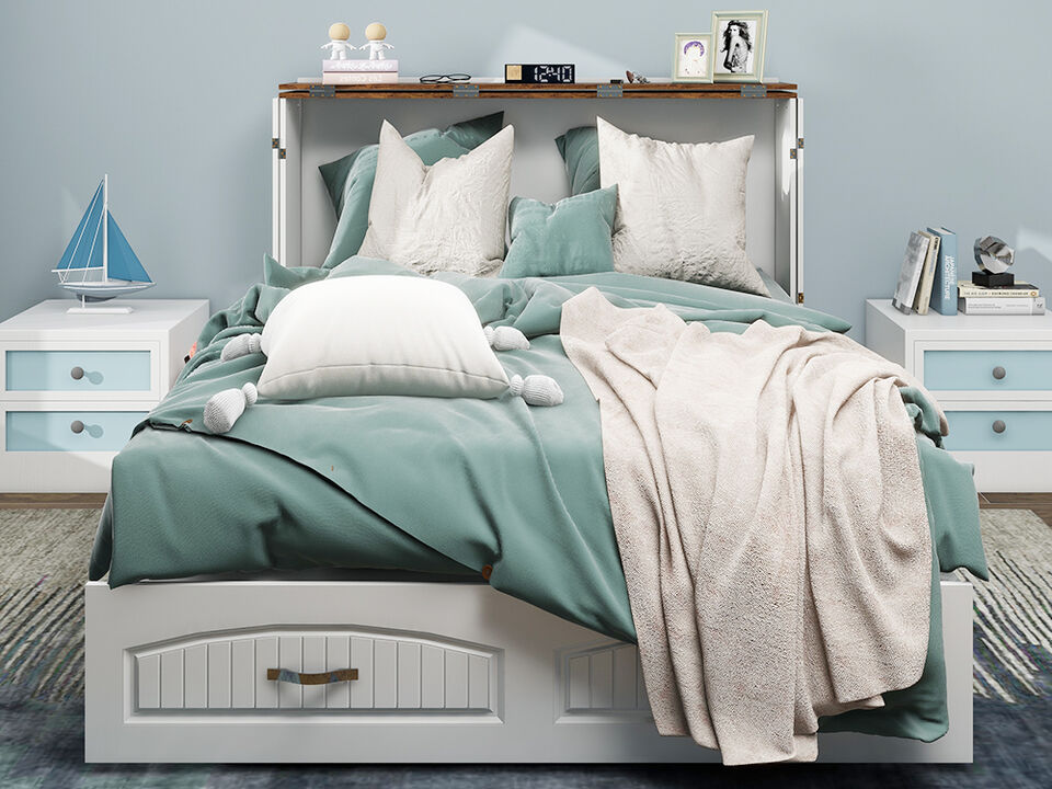 Murphy Bed Cabinet,Murphy Bed Queen with USB and Charging Ports, Murphy Bed Cabinet with Drawer Includes Storage Cabinet,White Cabinet Bed  for Guest Room