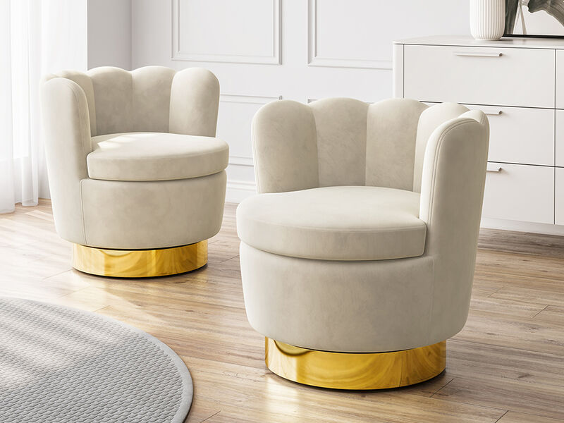 BELLEZE Swivel Accent Chair, Velvet Modern Round Petal Swivel Barrel Chair, 360° Upholstery Swivel Sofa Armchair, Comfy Swivel Accent Chair for Living Room Bedroom - Lotus (White)