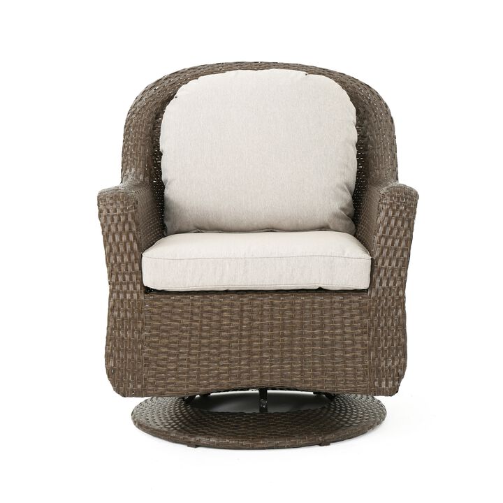 Kaia Outdoor Swivel Accent Chair Set of 2, Rattan Wicker Weave, Beige - Benzara