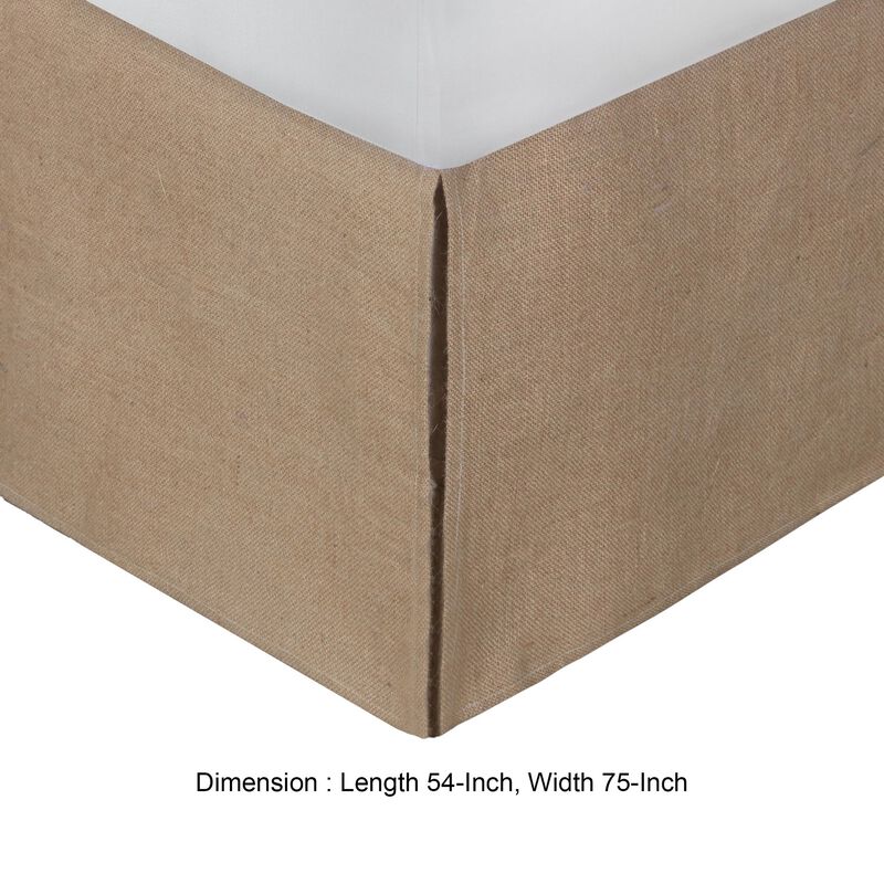 Kuma Full Bed Skirt, Spilt Corners, Burlap Drop, Polyester Platform, Brown - Benzara